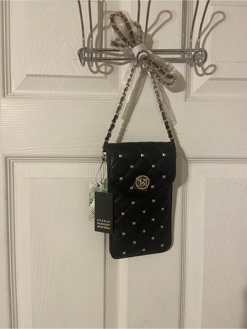 Badgley Mischka Black Quilted Crossbody Phone Pouch with Gold Studs